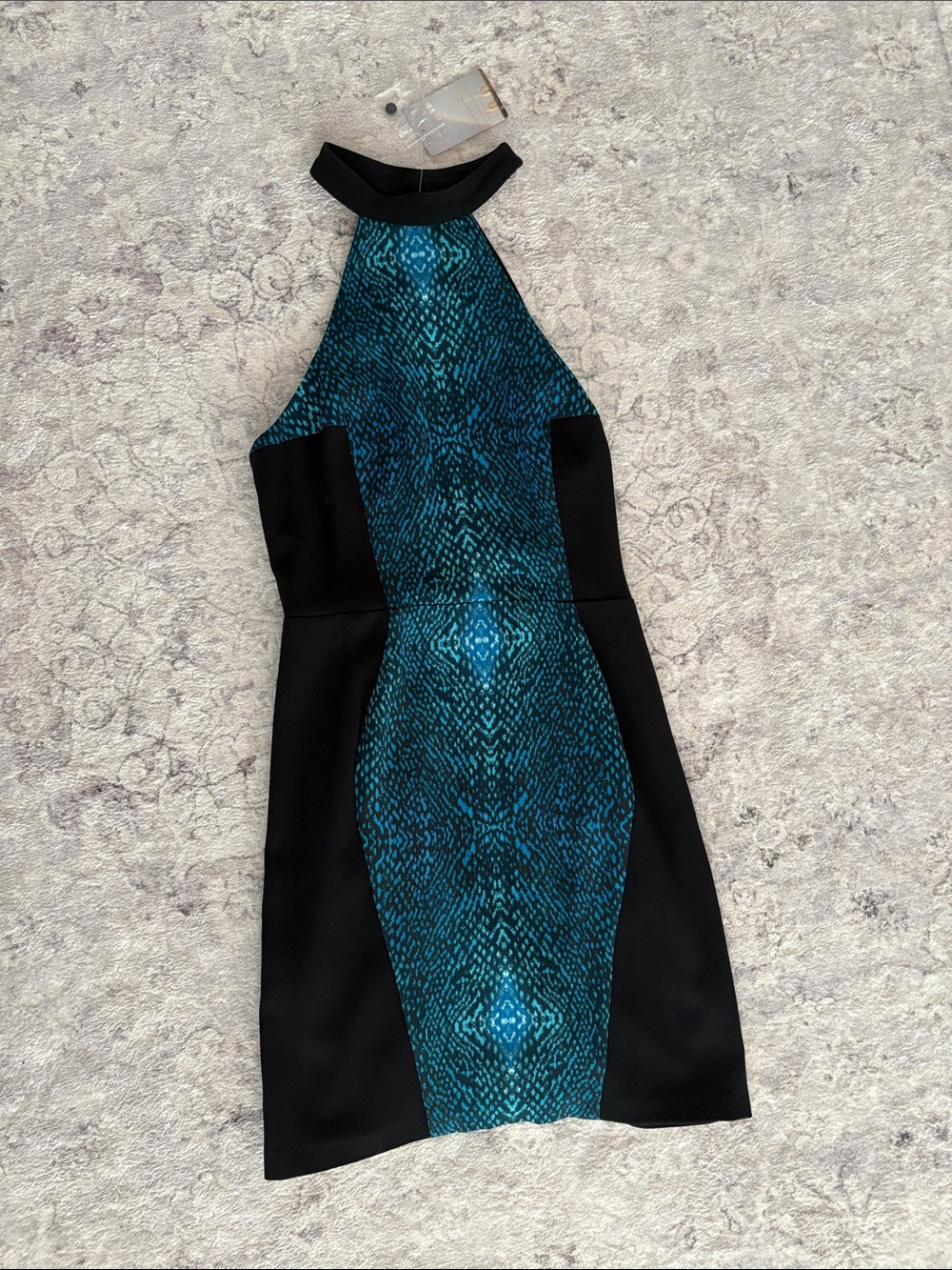 Silence + Noise Black Teal Pattern Halter Sheath Dress